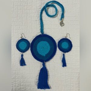 Crochet necklace set, with earrings, blue and aqua